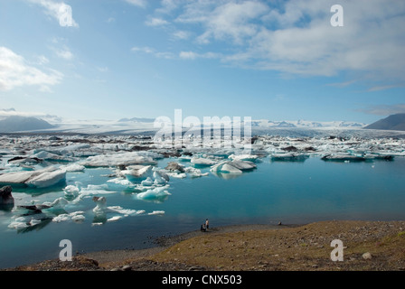 Vista panoramica dalla riva del lago glaciale Joekulsarlon pieno di ghiaccio in fusione sul ghiacciaio Breidamerkurjoekull, Islanda Foto Stock