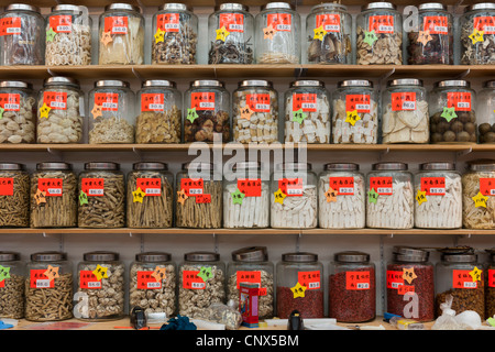 Chinese medicine a base di erbe in vasetti di vetro sui ripiani Foto Stock