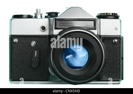 Fotocamera Vintage dalla parte anteriore isolate su sfondo bianco Foto Stock