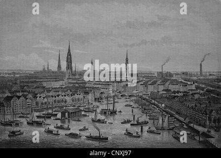 Distretto per essere riproposto per la costruzione del porto franco di Amburgo, Butenkajen, Kehrwieder, Germania, storico engravi Foto Stock
