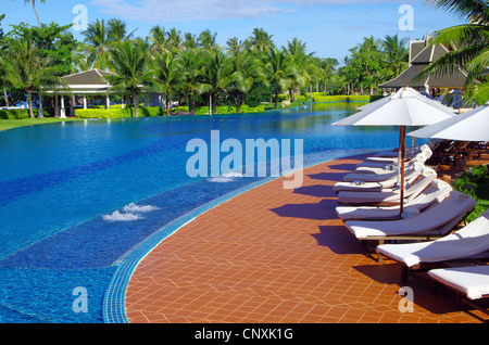Piscina tropicale con albero di cocco e ombrellone bianco Foto Stock