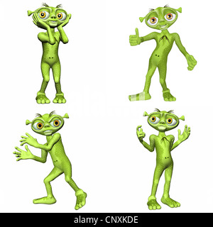 Illustrazione di un pacco di quattro (4) verde alieni con diverse pose ed espressioni isolate su uno sfondo bianco Foto Stock