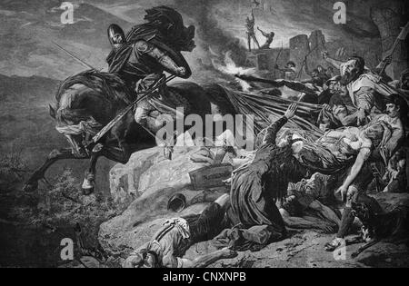 L'ultimo Cavaliere di Hohen-Realta sprofondare nell'abisso della Via Mala, Svizzera, storica incisione, circa 1885 Foto Stock