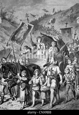 La crociata dei bambini nel suo cammino verso la Terra Santa, 1212, storica incisione, circa 1888 Foto Stock