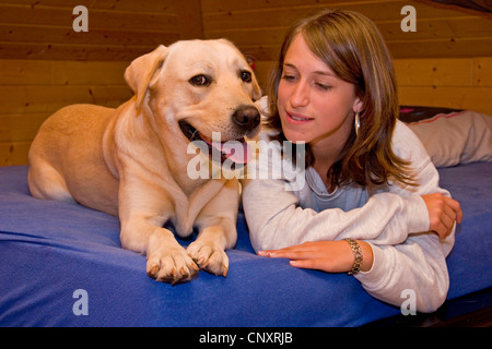 Il Labrador Retriever (Canis lupus f. familiaris), che giace accanto ragazza sul letto Foto Stock