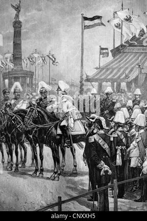 Guglielmo I, l'imperatore tedesco accogliente Bismarck all inaugurazione della Colonna della Vittoria di Berlino, Germania, 1873, storico legno Foto Stock