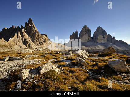 Tre Cime di Lavaredo e il Monte Paterno, Italia, Dolomiti, NP Dolomiti di Sesto Foto Stock