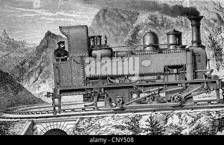 Ferrovia di montagna basata sulla montagna cadde il sistema ferroviario, storica incisione su legno, circa 1888 Foto Stock