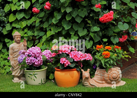 Casa estiva con fiori e giardino figure, Germania Foto Stock