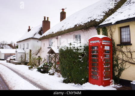 Coperta di neve cottages e telefono tradizionale scatola nel villaggio di Morchard Vescovo, Devon, Inghilterra. Foto Stock