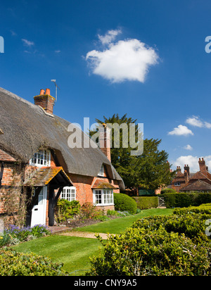 Graziosi cottage con tetto in paglia in Hampshire villaggio di Longparish, Hampshire, Inghilterra. Molla (aprile) 2009 Foto Stock