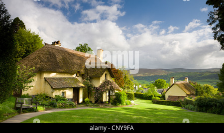 Pittoreschi cottage con il tetto di paglia nel villaggio di Selworthy, Parco Nazionale di Exmoor, Somerset, Inghilterra. Molla (Maggio 2009). Foto Stock