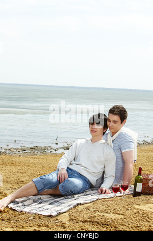 Tranquillo gay valentines avente un picnic in spiaggia Foto Stock