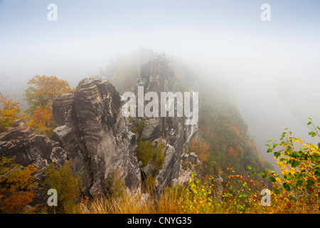 Bastei rock formazione vicino Rathen, in Germania, in Sassonia, Svizzera Sassone National Park Foto Stock