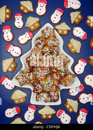 Forme assortite di gingerbread cookies ripresa dall'alto su sfondo blu scuro Foto Stock