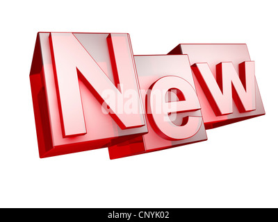 La parola nuova in 3D lettere su sfondo bianco - das Wort nuovo aus 3D Buchstaben gesetzt, freigestellt auf weißem Hintergrund Foto Stock