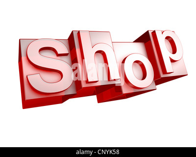 La parola acquista in 3D lettere su sfondo bianco - das Wort SHOP aus 3D Buchstaben gesetzt, freigestellt auf weißem Hintergrund Foto Stock