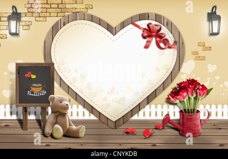 La lettera d'amore pensione con Teddy bear e fiore Foto Stock