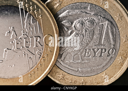 Parte anteriore e posteriore di un greco € coin in stretta verso l'alto. Foto Stock