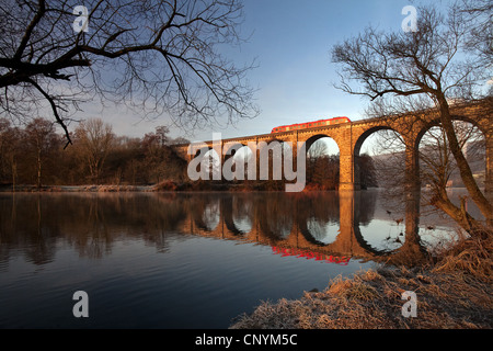 Ponte ferroviario oltre il fiume Ruhr al mattino in inverno, in Germania, in Renania settentrionale-Vestfalia, la zona della Ruhr, Herdecke Foto Stock