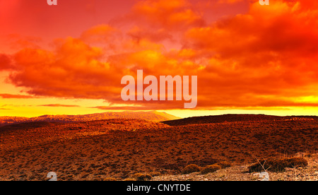 Rosso drammatico tramonto nel deserto, splendido paesaggio naturale con colorate il cielo luminoso Foto Stock