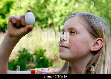 Galli e galline (Gallus gallus f. domestica), ragazza di ispezionare un fertile di gallina uova in controluce, Germania Foto Stock