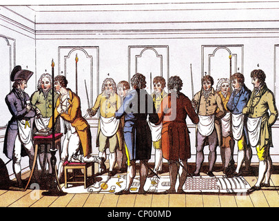 freemason, Masonic Lodge, nuova iscrizione, rituale del candidato, giuramento, litografia colorata, circa 1805, Additional-Rights-Clearences-non disponibile Foto Stock