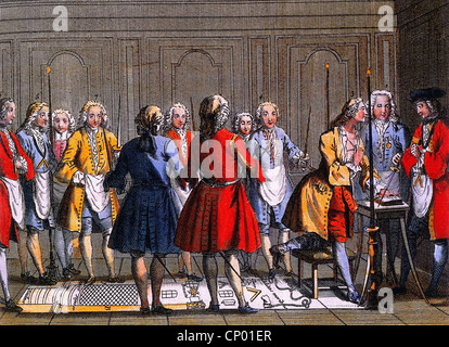 freemason, Masonic Lodge, nuova iscrizione, rituale del candidato, giuramento, incisione in rame colorato, circa 1750, Additional-Rights-Clearences-non disponibile Foto Stock