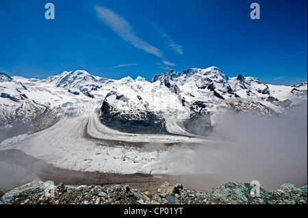 Monte Rosa massiccio ghiacciaio Gorner, Svizzera, Alpi del Vallese Foto Stock