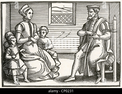 ELIZABETHAN famiglia avente l istruzione religiosa, da tutta la Salmi in quattro parti, pubblicato 1563 Foto Stock