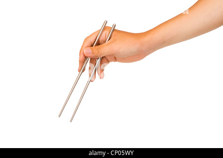 Isolato man mano che tiene chopstick, con percorso di clipping in formato jpg. Foto Stock