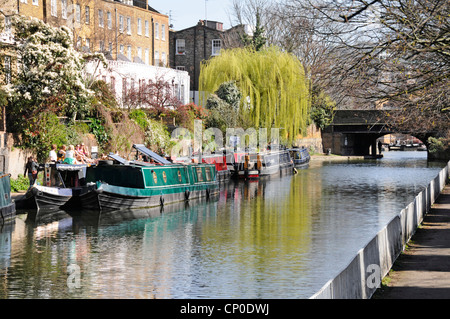 Sunny Regents Canal narrowboat ormeggi & proprietà immobiliari persone Towpath a piedi colore primaverile su Weeping Willow Tree Islington London Inghilterra Regno Unito Foto Stock