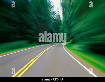 La curvatura strada con blur e l'effetto di movimento, autunno, Mohicano parco statale, Ohio, Midwest, STATI UNITI D'AMERICA Foto Stock