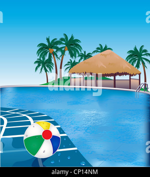 Illustrazione Vettoriale di poolside resort con spiaggia palla. Foto Stock