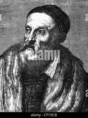 Titian (Tiziano Vecellio), circa 1480 - 27.8.1576, pittore italiano, ritratto, incisione su rame di Agostino Caracci, XVI secolo, , artista del diritto d'autore non deve essere cancellata Foto Stock