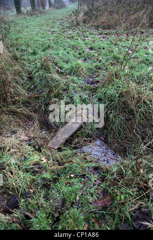 Si tratta di un piccolo ponte a rendere con un pannello di legno per camminare sopra un fosso o in una buca nella campagna di Francia in Normandia. Foto Stock