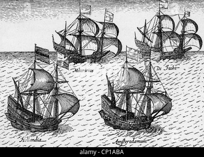 Trasporto / trasporto, nave, nave a vela, marina mercantile olandese sulla strada per l'India orientale, navi 'Hollandia', 'auritius', 'Amsterdam odamum', 'De Jacht', Etching, 17 ° secolo, diritti aggiuntivi-clearences-non disponibili Foto Stock