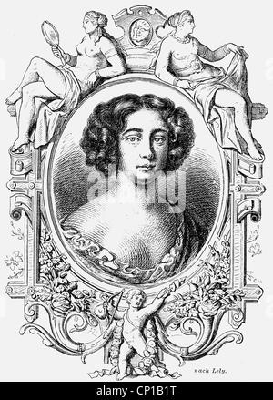 Gwynn, Eleonor "Nell', 2.2.1650 - 14.11.1687, Inglese attrice, amante di Re Carlo II d'Inghilterra, ritratto, con telaio, incisione su legno, secolo XIX, dopo la verniciatura di Peter Lely (1618 - 1680), artista del diritto d'autore non deve essere cancellata Foto Stock