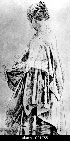 Belle arti, Friedrich Caspar David, (5.9.1774 - 7.5.1840) , "Frau im Umschlagetuch', disegno, seppia, tra il 1820 e il 1830, l'artista del diritto d'autore non deve essere cancellata Foto Stock