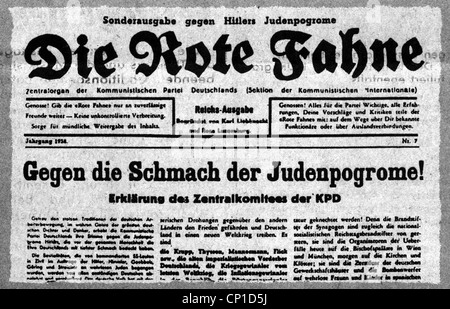 Nazional socialismo, Resistance, giornale comunista 'die Rote Fahne' (la bandiera rossa), linea di cattura: 'Gegen die Schmach der Judenpogrome' (contro gli scandalosi pogrom contro gli ebrei), 1938, edizione nazionale, stampato a Praga, Cecoslovacchia, diritti aggiuntivi-clearences-non disponibile Foto Stock