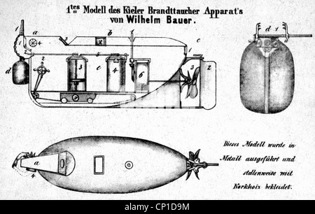 Trasporto / trasporto, navigazione, sottomarini, prima costruzione di 'Kieler Brandtaucher' (sottomarino Kiel Fire), dopo disegno di Wilhelm Bauer, 1850, diritti aggiuntivi-clearences-non disponibile Foto Stock