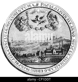 Eventi, seconda guerra del Nord 1655 - 1660, Pace, Trattato di Oliva, 3.5.1660, tra Polonia, Svezia e Brandeburgo, medaglia votiva, reverse, incisione in legno, 19 ° secolo, dopo un'illustrazione contemporanea, Prussia, colomba di pace, colombe di pace, reverse side, medaglia, medaglie, 17 ° secolo, storico, angelo, angeli, piccione, piccioni, 2 °, secondo, Polacco svedese, persone, diritti aggiuntivi-clearences-non disponibile Foto Stock