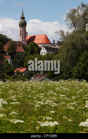 Kloster Andechs, esterna barocca chiesa abbaziale situato su una collina ad est di Ammersee in Baviera Foto Stock