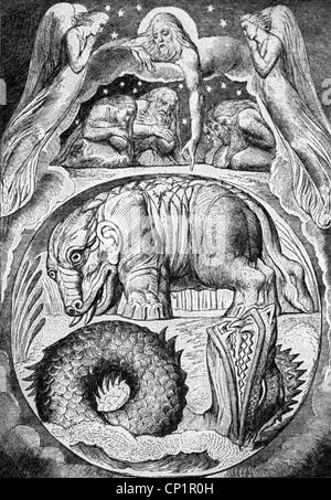 Religione, scene bibliche, Behemoth e Leviathan, Libro di lavoro, illustrazione von William Blake, 1826, Additional-Rights-Clearences-Not Available Foto Stock
