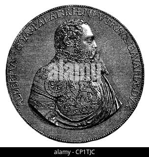 Albert V, 29.2.1528 - 24.10.1579, Duca di Baviera 7.3.1550 - 24.10.1579, ritratto, moneta, 1558, incisione in legno, 19th secolo, Foto Stock