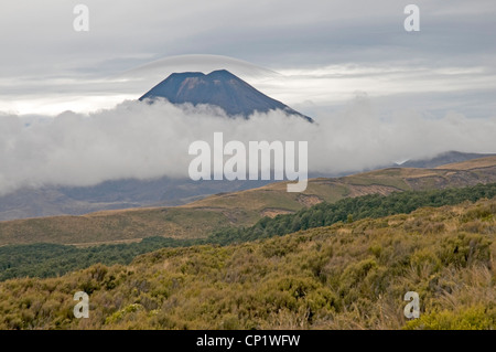 Per tutta la notte a bassa cloud parzialmente avvolgenti Mount Ngauruhoe nella nazione di Tongariro Park, Nuova Zelanda Foto Stock