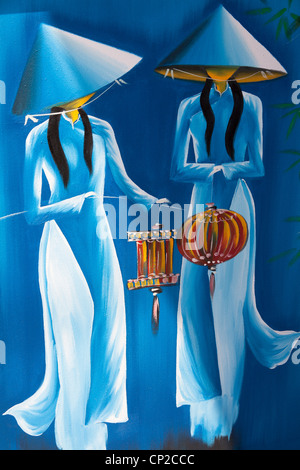 La pittura di due donne vietnamita portando lanterne, Vietnam Foto Stock