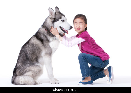 Carino bambina gioca con un cane Husky Foto Stock