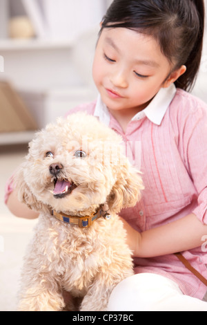 Bambina gioca con un pet barboncino Toy Foto Stock