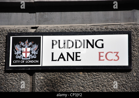 Pudding Lane (Grande Incendio di Londra) firmano il monumento, City of London, London, Greater London, England, Regno Unito Foto Stock